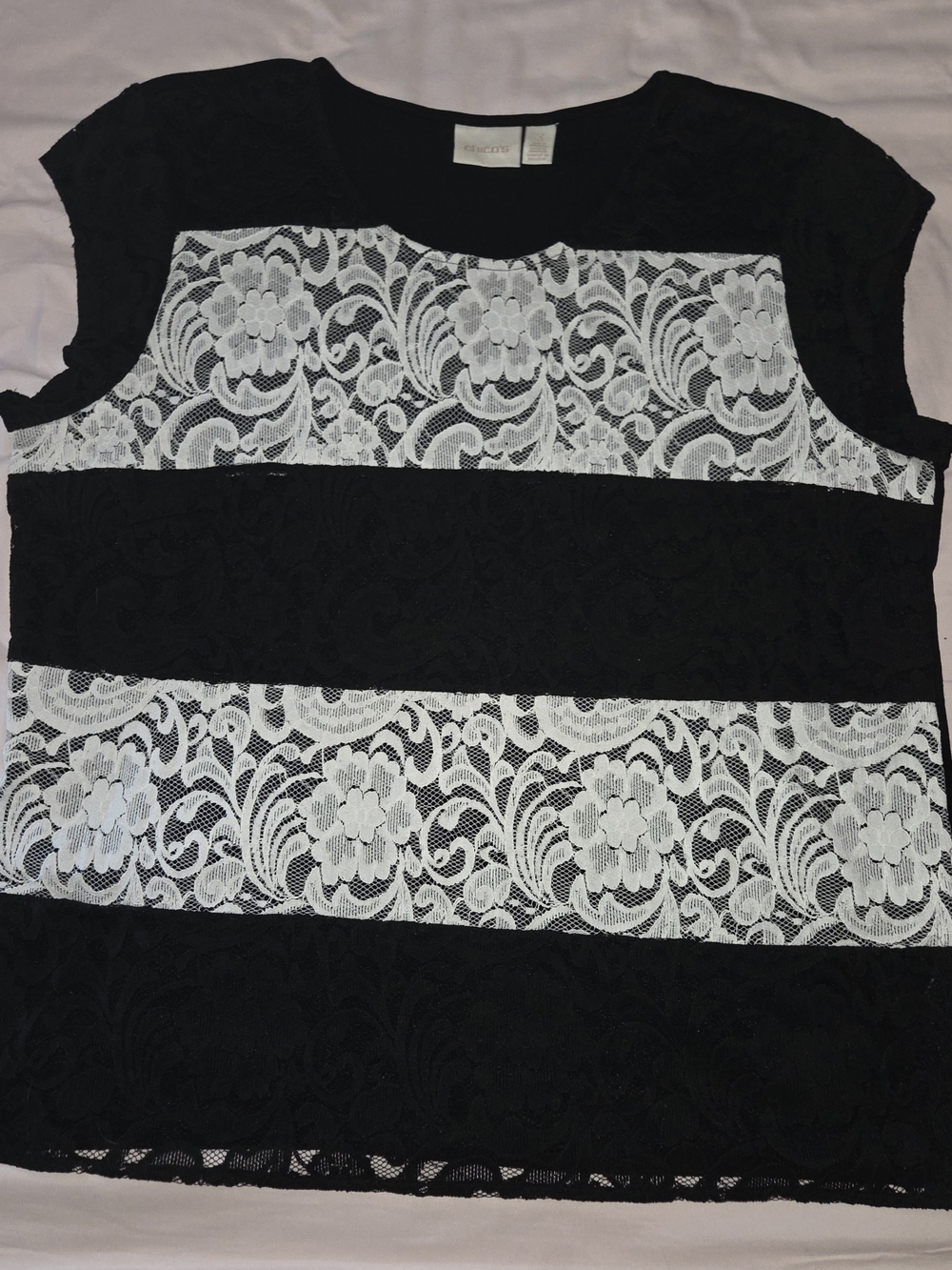 Chico's Black and White Lace-Striped Short Sleeve Top size 3